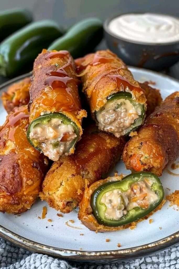 Crispy Texas Twinkies—jalapeños stuffed with cheesy ground beef, wrapped in bacon, and drizzled with barbecue sauce.