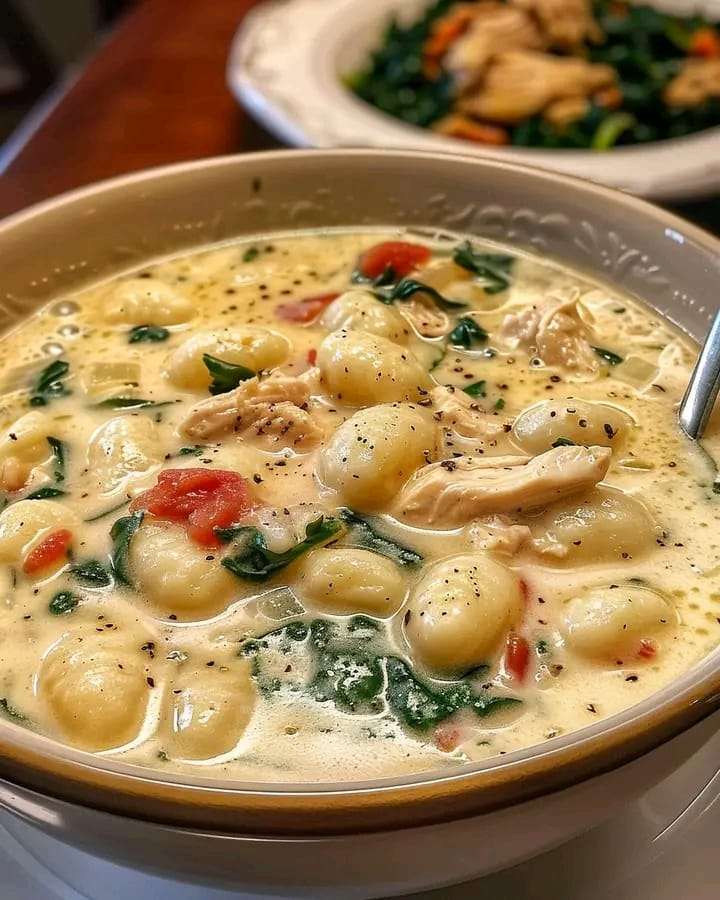 A bowl of creamy chicken gnocchi soup with fresh spinach and shredded carrots, served with a side of breadsticks.