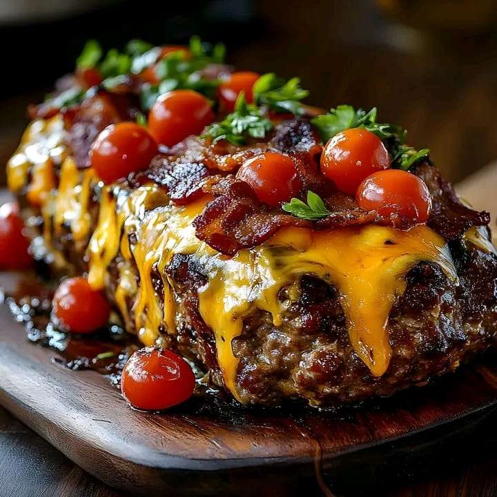 A golden-brown bacon-cheese meatloaf topped with melted cheddar, crispy bacon crumbles, and cherry tomatoes, served on a white platter.