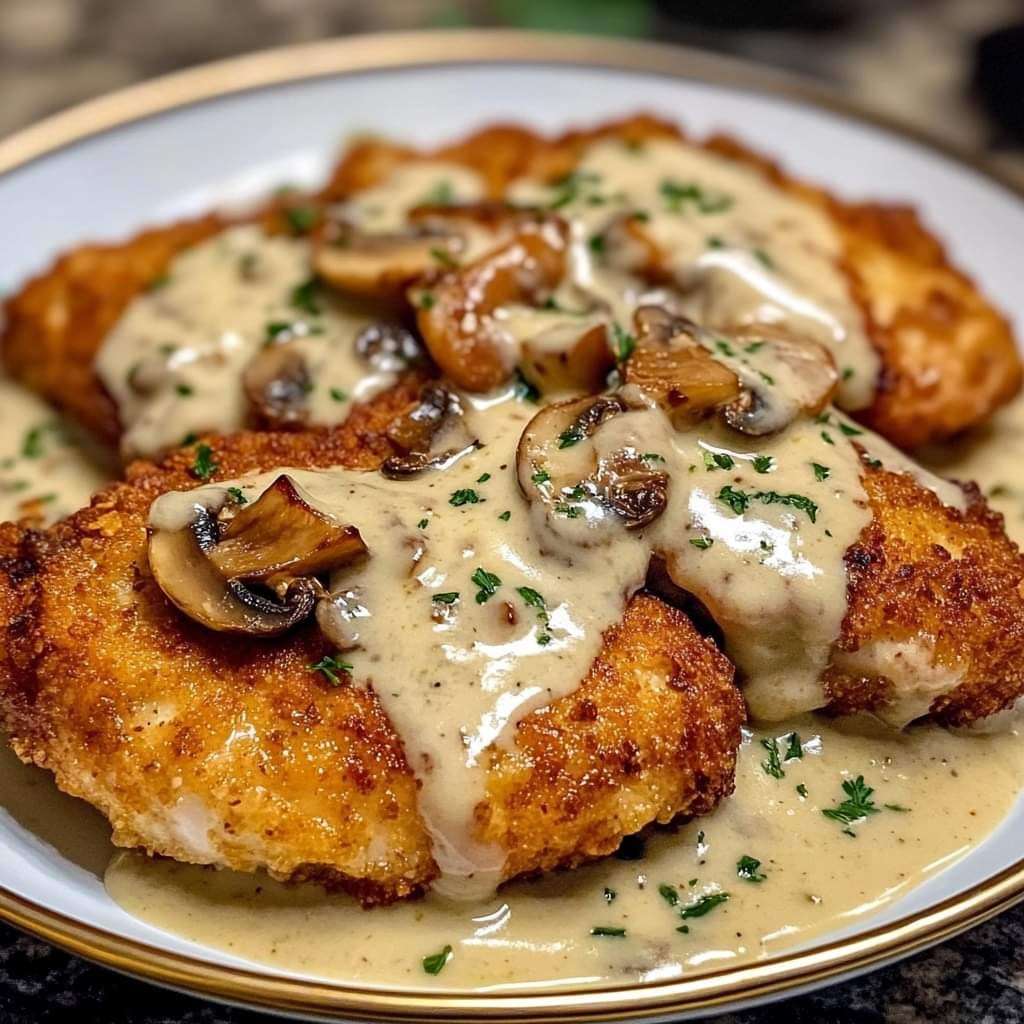 Plate of golden crispy chicken topped with creamy Parmesan mushroom sauce, garnished with parsley.