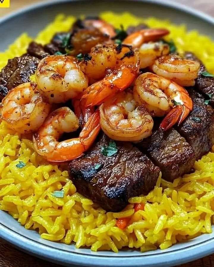 Jerk steak and shrimp served over vibrant yellow rice, garnished with green onions and fresh cilantro.