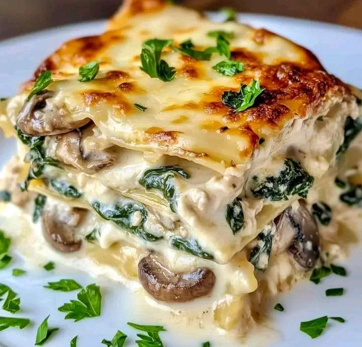 A baked lasagna dish with golden cheese topping, featuring chicken, mushrooms, spinach, and creamy white sauce layers.