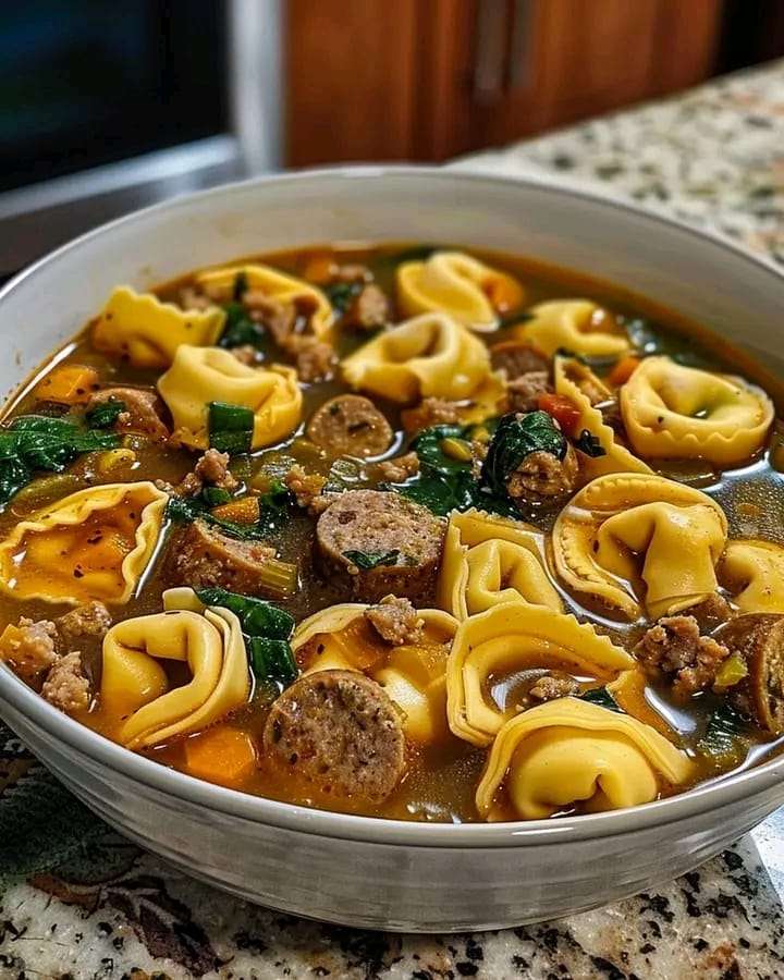 A bowl of creamy sausage and tortellini soup with fresh spinach and Parmesan, served hot with crusty bread.