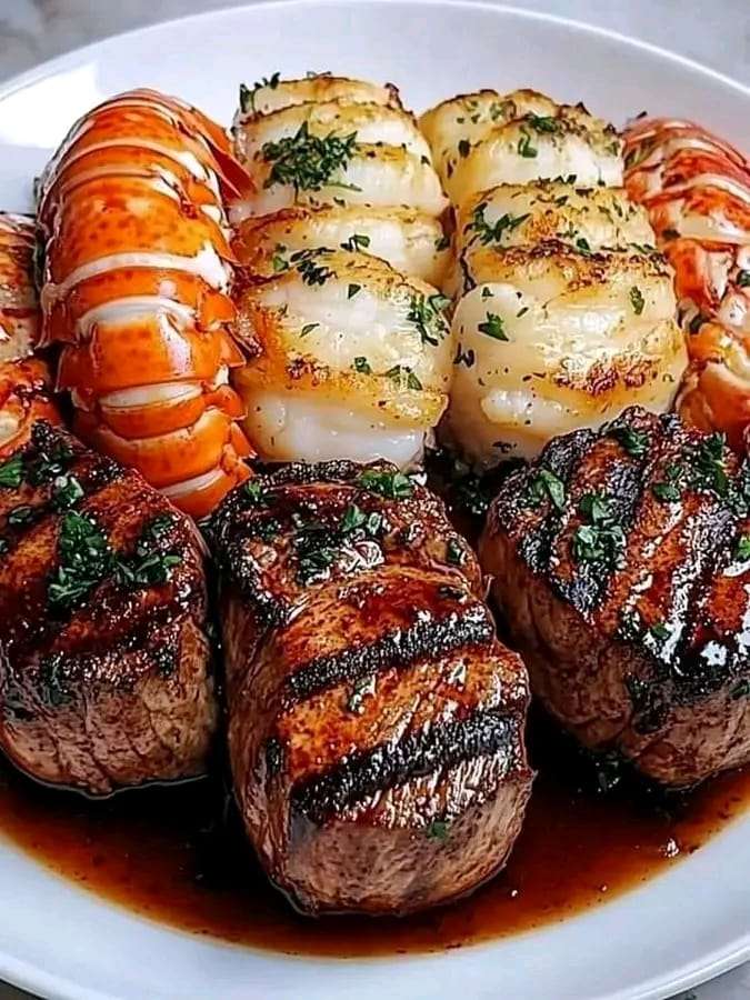 Plate of filet mignon topped with a lobster tail, drizzled with garlic butter sauce and garnished with parsley.