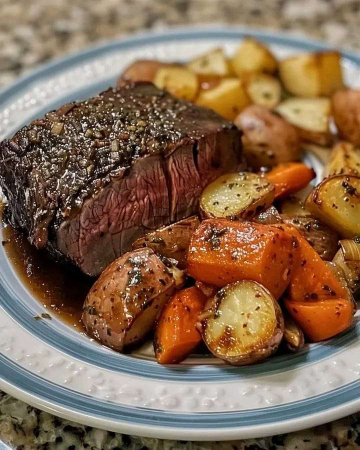 Juicy pot roast with carrots, potatoes, and a rich braising liquid, garnished with fresh parsley.