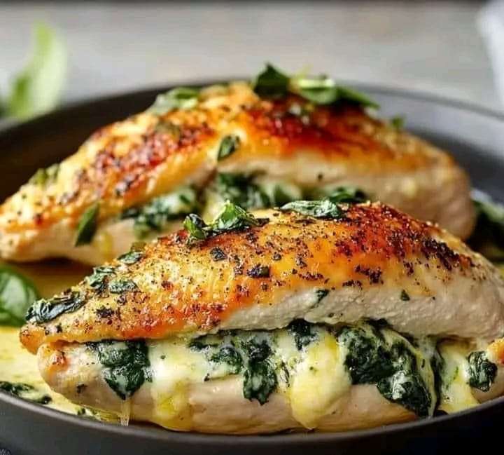 Spinach and cheese stuffed chicken breasts on a plate, garnished with thyme and served with a side of greens.