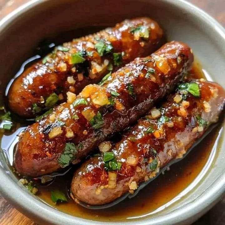 Honey garlic sausages glistening with sauce, garnished with parsley, served on a plate.