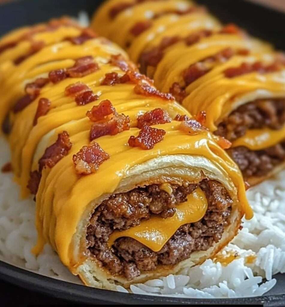 Bite-sized Garlic Butter Bacon Cheeseburger Rollups arranged on a platter, golden-brown crescent rolls stuffed with savory ground beef, crispy bacon, and melted cheddar cheese, garnished with fresh parsley.