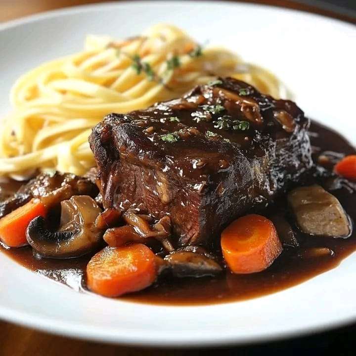 Braised short ribs served with vegetables and garnished with fresh parsley.