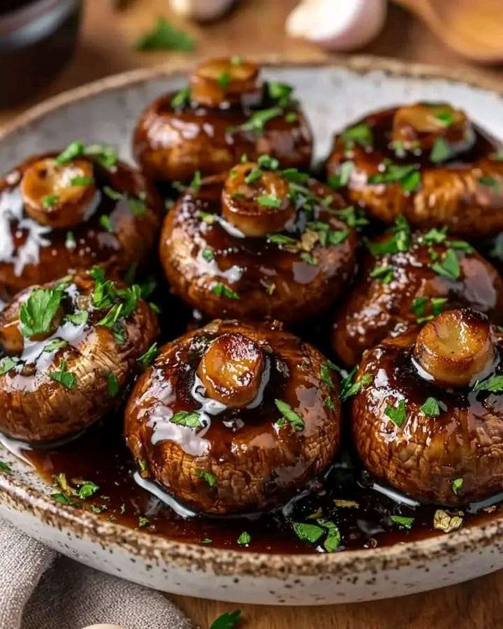 A serving of Balsamic Soy Roasted Garlic Mushrooms garnished with fresh parsley, perfect for a savory side dish.