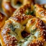 Golden Cheesy Rosemary Pretzel Delights stuffed with gooey cheese and garnished with coarse salt and rosemary.