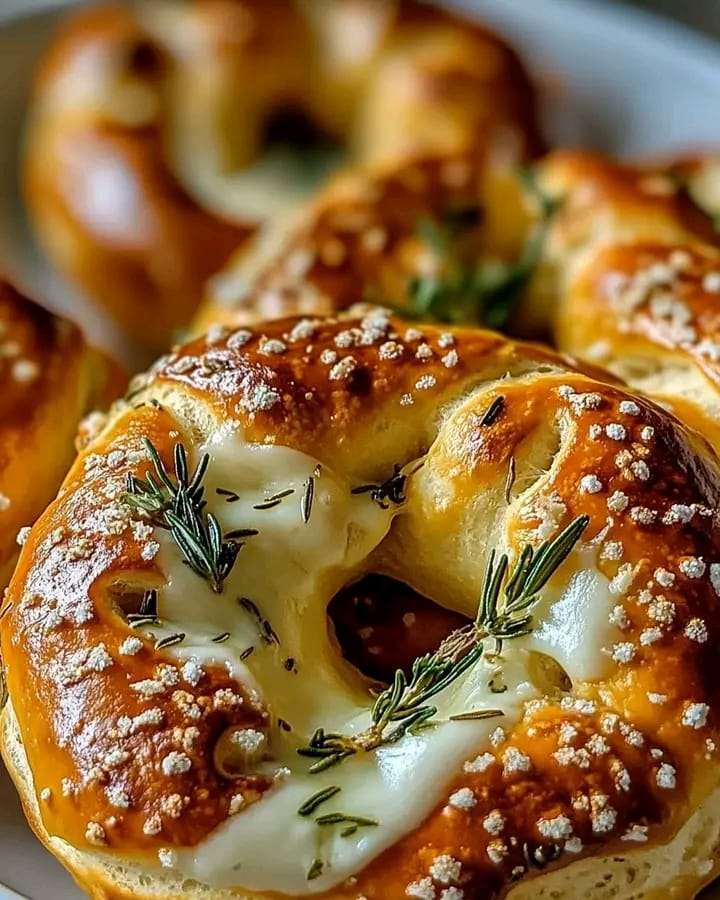 Golden Cheesy Rosemary Pretzel Delights stuffed with gooey cheese and garnished with coarse salt and rosemary.