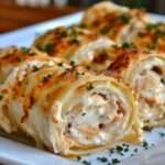 A dish of creamy Chicken Alfredo Lasagna Rolls topped with melted mozzarella and fresh parsley.