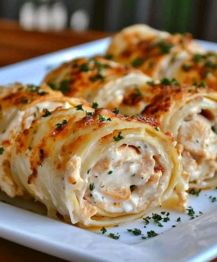 A dish of creamy Chicken Alfredo Lasagna Rolls topped with melted mozzarella and fresh parsley.