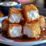 Golden deep-fried marshmallows drizzled with chocolate syrup and topped with whipped cream and sprinkles.