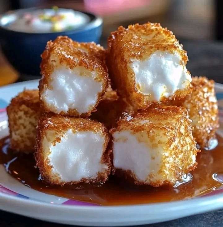 Golden deep-fried marshmallows drizzled with chocolate syrup and topped with whipped cream and sprinkles.