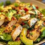 A fresh bowl of Avocado Chicken Salad with shredded chicken, diced avocados, cherry tomatoes, and lime dressing.