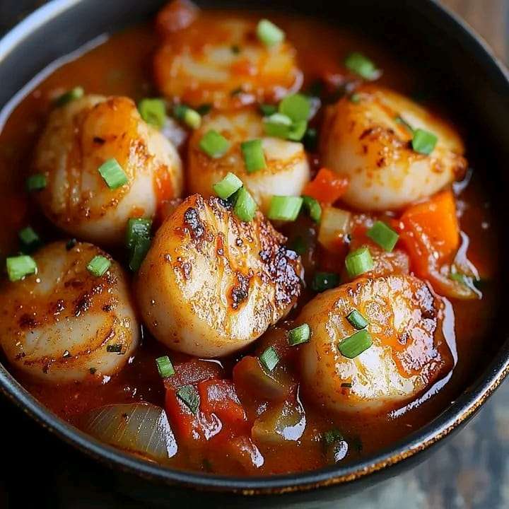 A plate of seared scallops in rich tomato sauce garnished with fresh parsley