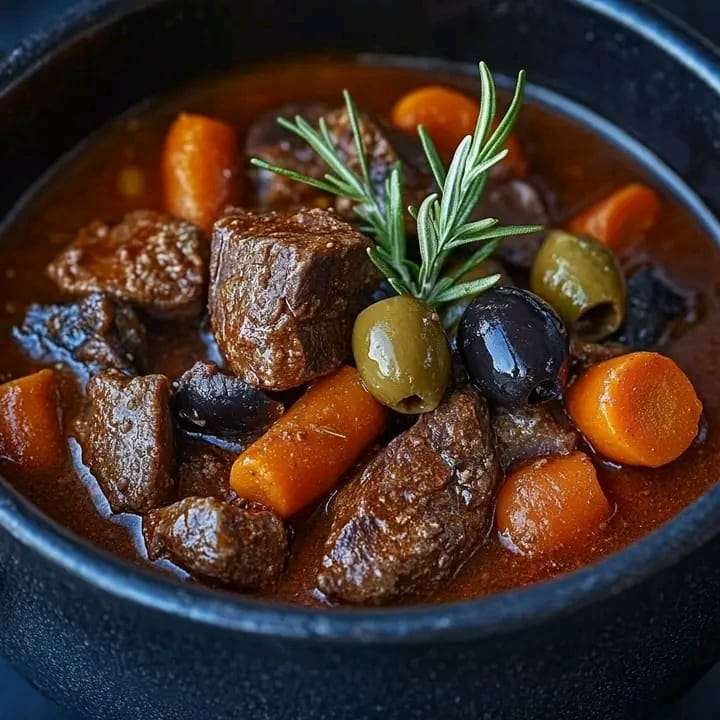 A hearty bowl of rustic beef stew with tender beef, carrots, olives, and rosemary, perfect for a comforting meal.