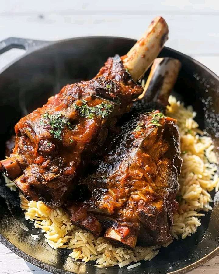 Greek-style lamb shank served with golden lemon potatoes, garnished with fresh herbs and lemon wedges.