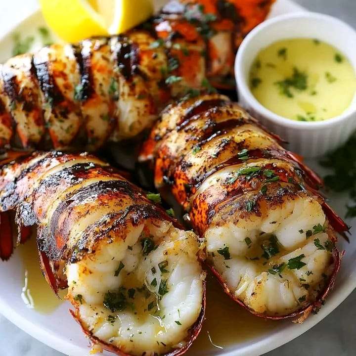 Grilled lobster tails drizzled with garlic butter and garnished with fresh parsley and lemon wedges.