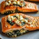 A perfectly baked Stuffed Salmon with Spinach and Feta, garnished with lemon slices and fresh parsley on a serving plate.