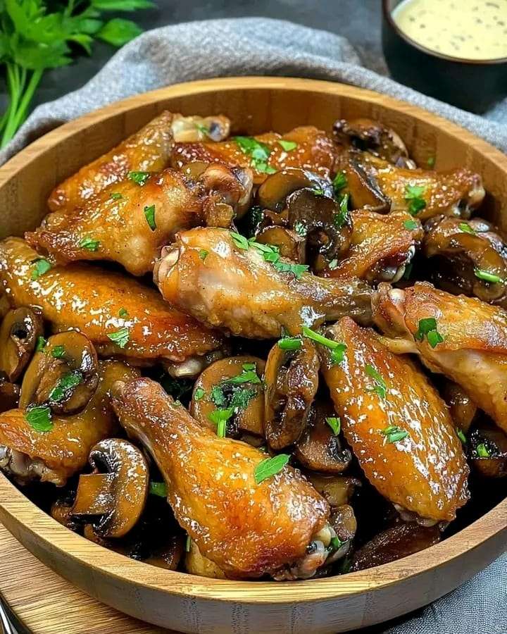 A plate of golden chicken wings with sautéed mushrooms garnished with fresh parsley.