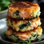 Rolled salmon with spinach filling placed on golden potato cakes, garnished with fresh herbs.