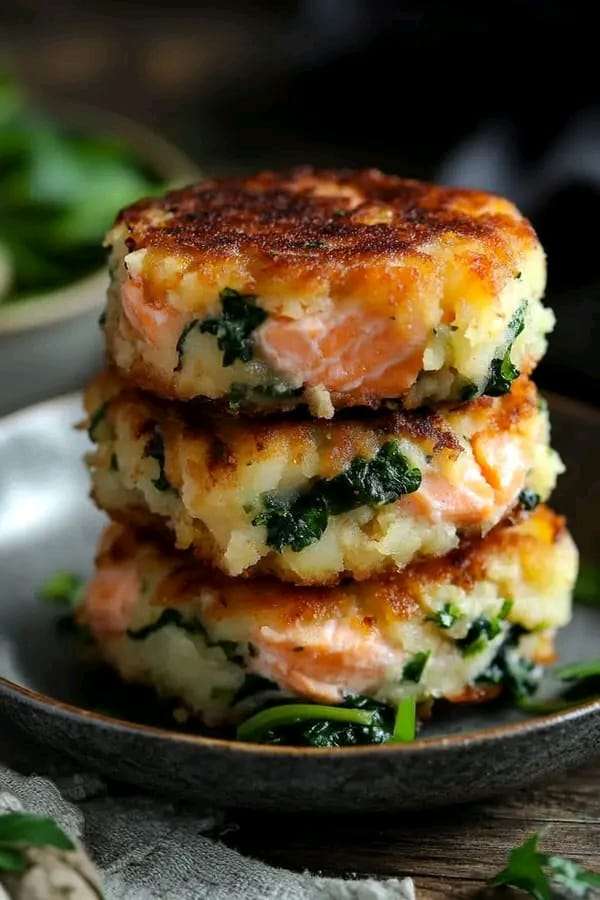 Rolled salmon with spinach filling placed on golden potato cakes, garnished with fresh herbs.