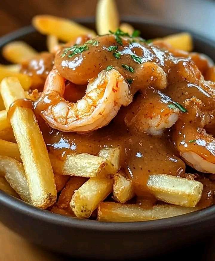 A delicious plate of crispy French fries topped with savory shrimp and rich gravy, garnished with fresh parsley.