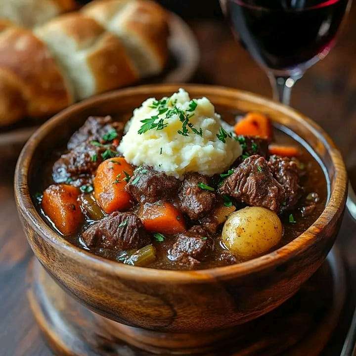 A bowl of hearty Guinness beef stew with tender chunks of beef, potatoes, and vegetables, garnished with fresh parsley.