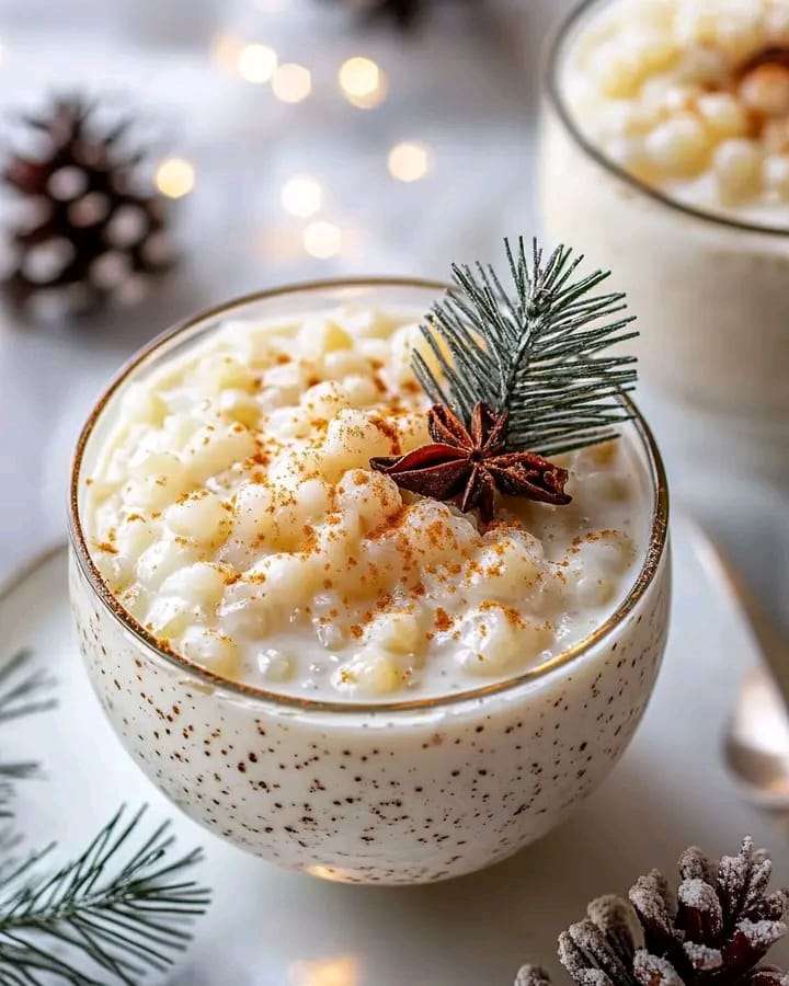 A bowl of Festive Eggnog Tapioca Delight topped with whipped cream and sprinkled with ground nutmeg, garnished with a cinnamon stick.