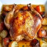 A golden-brown whole roasted chicken on a bed of vegetables, garnished with fresh herbs.