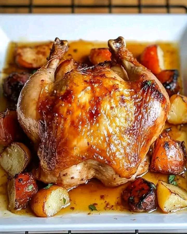 A golden-brown whole roasted chicken on a bed of vegetables, garnished with fresh herbs.