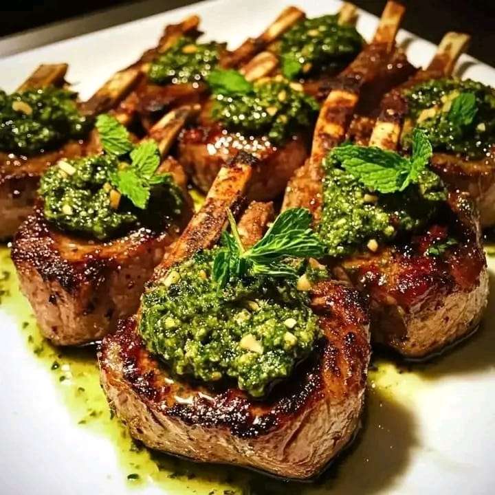 Succulent herbed lamb chops grilled to perfection and served with a vibrant mint pesto on top.