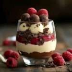 A layered Chocolate and Raspberry Parfait with fresh raspberries, chocolate mousse, and truffles in a clear glass.