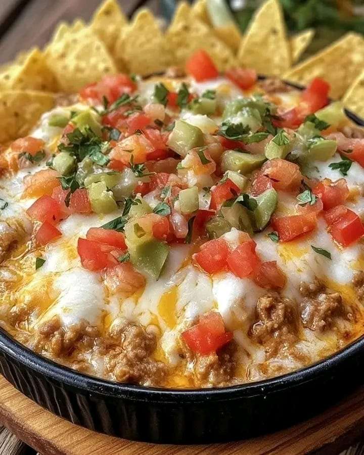 A bubbling dish of Texas Trash Dip topped with melted cheese, green onions, and diced tomatoes.