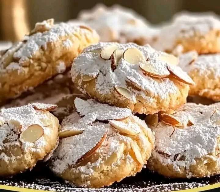 A plate of soft and chewy Italian Almond Cookies (Ricciarelli), dusted with powdered sugar and arranged beautifully for serving.