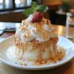 A golden-brown Baked Alaska with peaks of toasted meringue, revealing layers of ice cream and sponge cake inside.