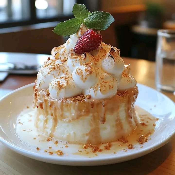 A golden-brown Baked Alaska with peaks of toasted meringue, revealing layers of ice cream and sponge cake inside.