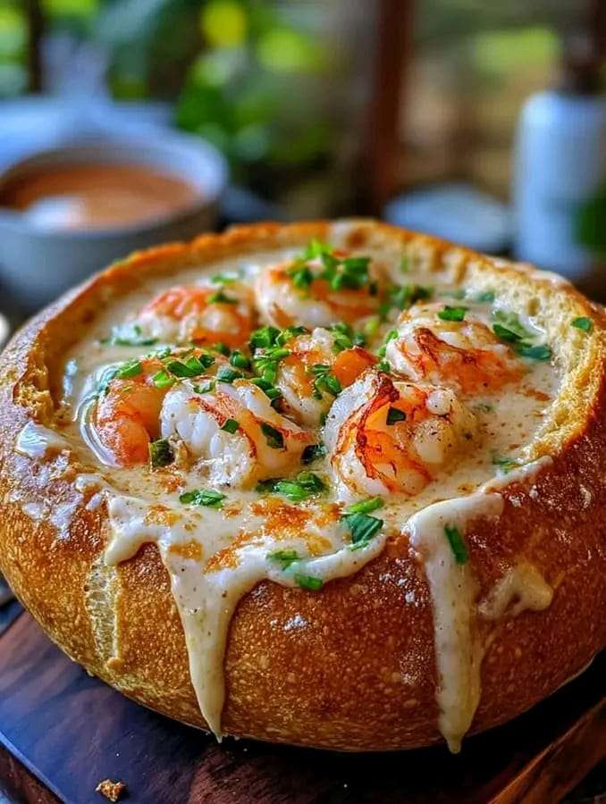 A hearty seafood soup made with shrimp and crab, served in a warm, crusty sourdough bread bowl.