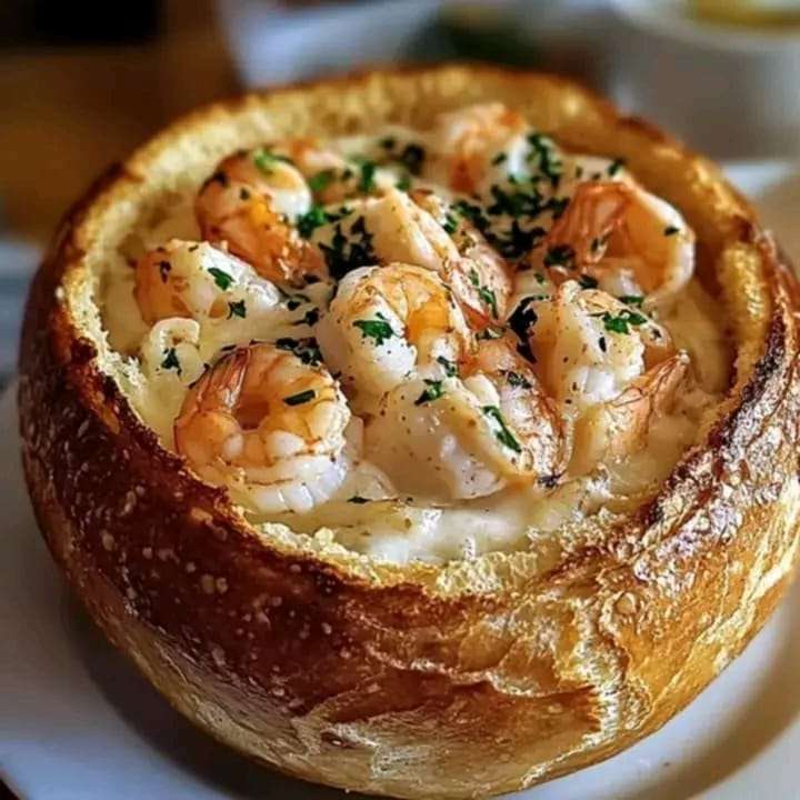 A delicious stuffed seafood bread bowl filled with shrimp, crab, and cheese, ready for dipping.