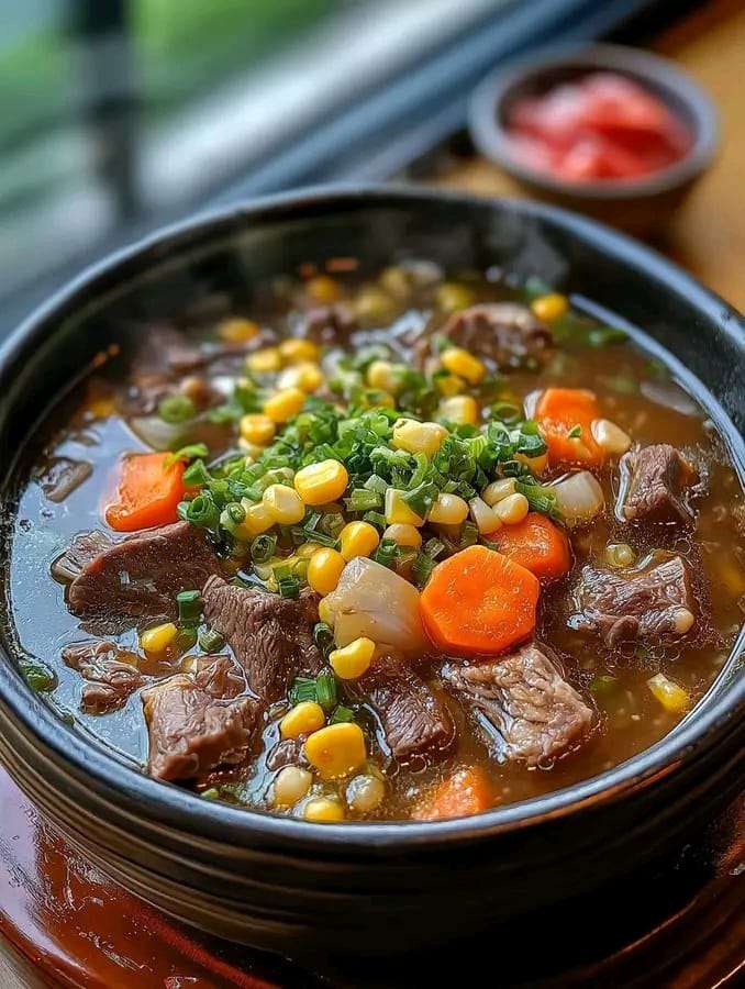 A steaming bowl of beef rib soup filled with tender beef, carrots, corn, and radish, garnished with fresh green onions.