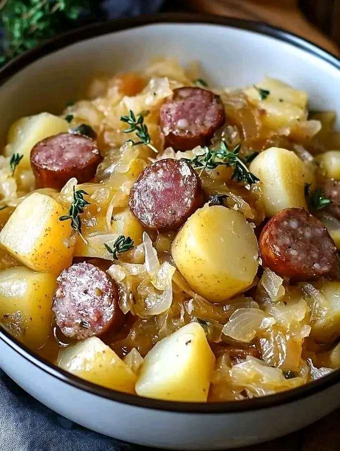 A steaming plate of Polish sausage, sauerkraut, and potatoes, served as a comforting, hearty meal.