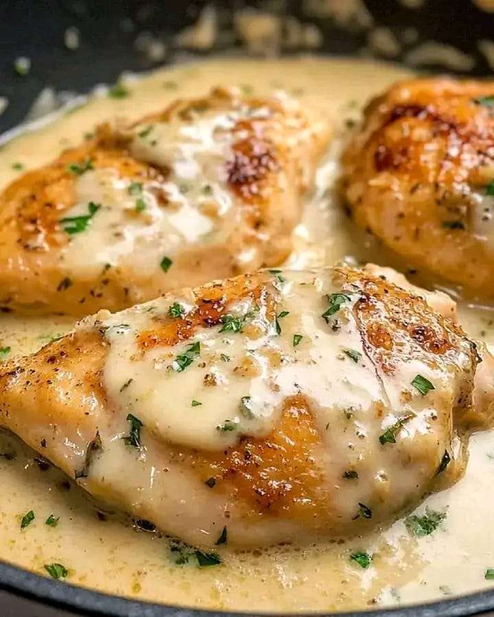 A plate of Creamy Garlic Butter Parmesan Chicken served with pasta, garnished with fresh parsley.