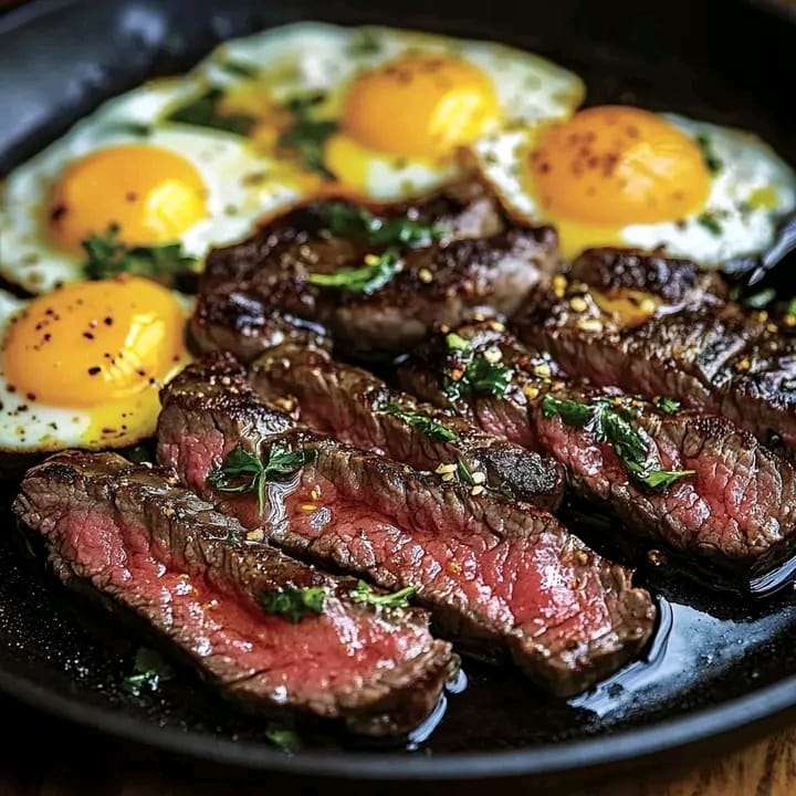 A sizzling Steak and Eggs Skillet with crispy potatoes, sautéed vegetables, and a perfectly cooked steak, garnished with fresh parsley.