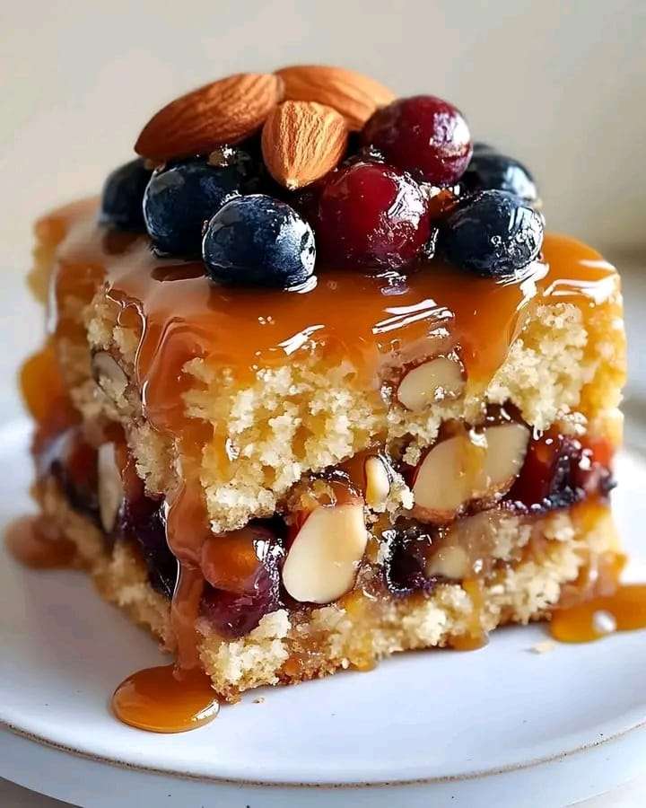 A beautifully decorated Caramel Apple Almond Cake, topped with caramel sauce, sliced almonds, and fresh berries.