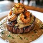 A plate of steak and shrimp surf and turf drizzled with creamy peppercorn sauce, garnished with fresh parsley.