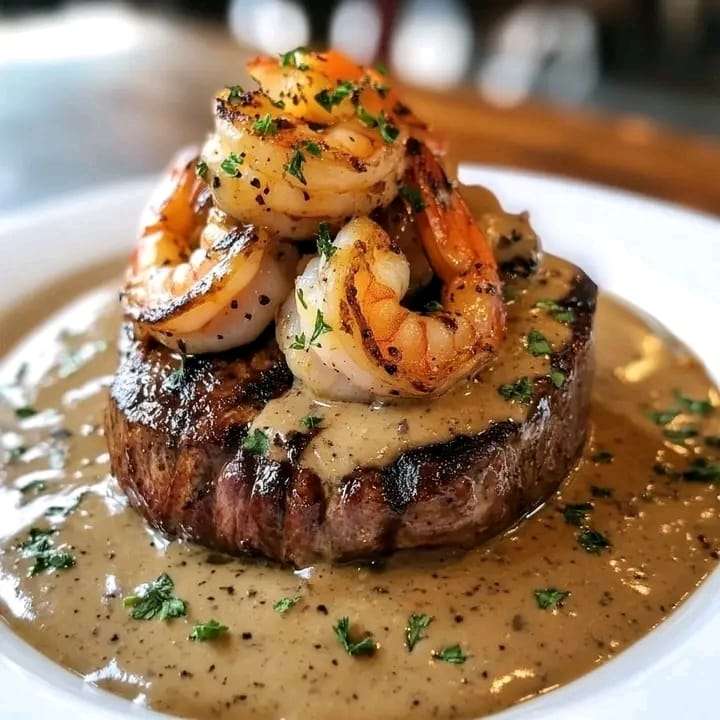 A plate of steak and shrimp surf and turf drizzled with creamy peppercorn sauce, garnished with fresh parsley.