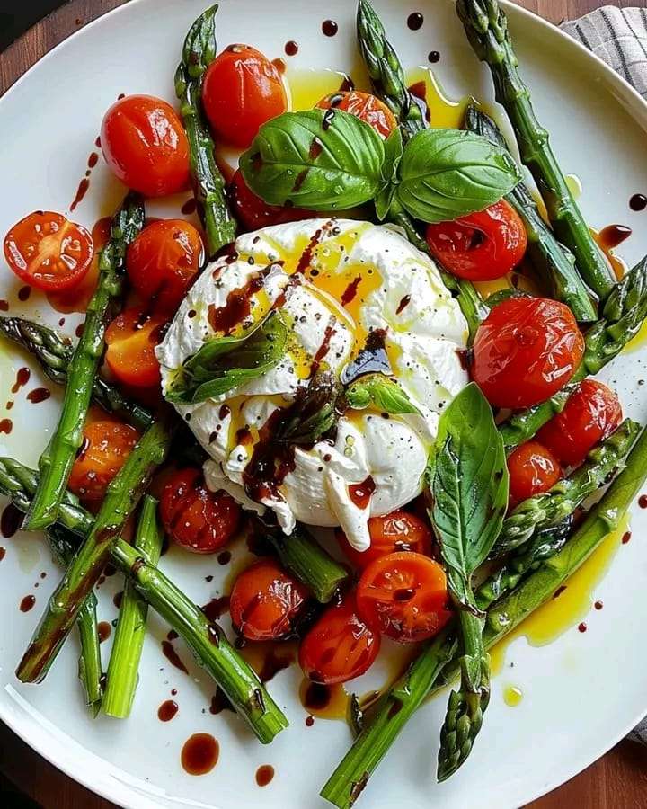 A colorful Asparagus Tomato Salad with Burrata Cheese, drizzled with balsamic glaze and garnished with fresh basil.